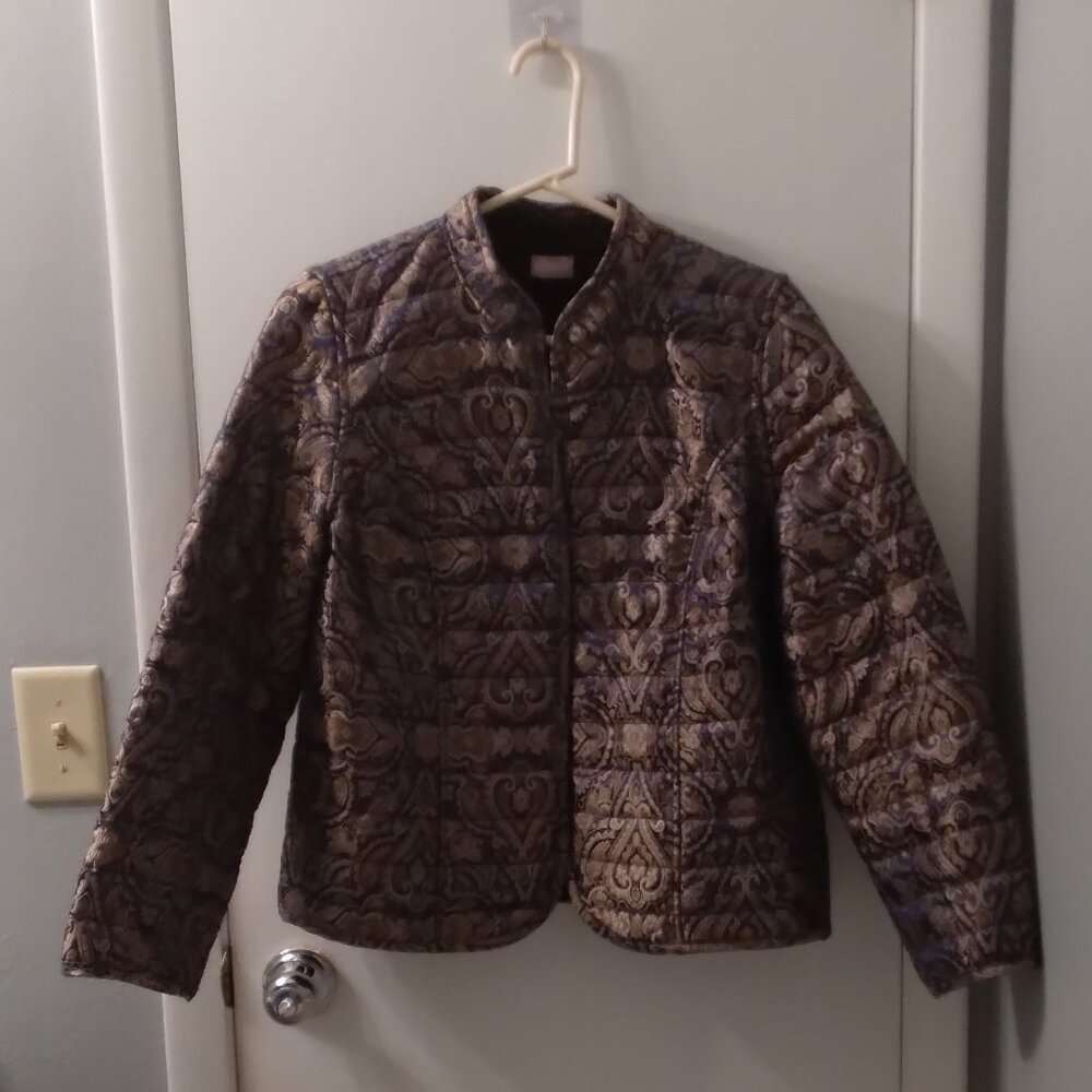 CHICO'S WOMEN'S QUILTED LONG SLEEVED JACKET BLUE AND GOLD COLORED NO TAGS 4 SIZE